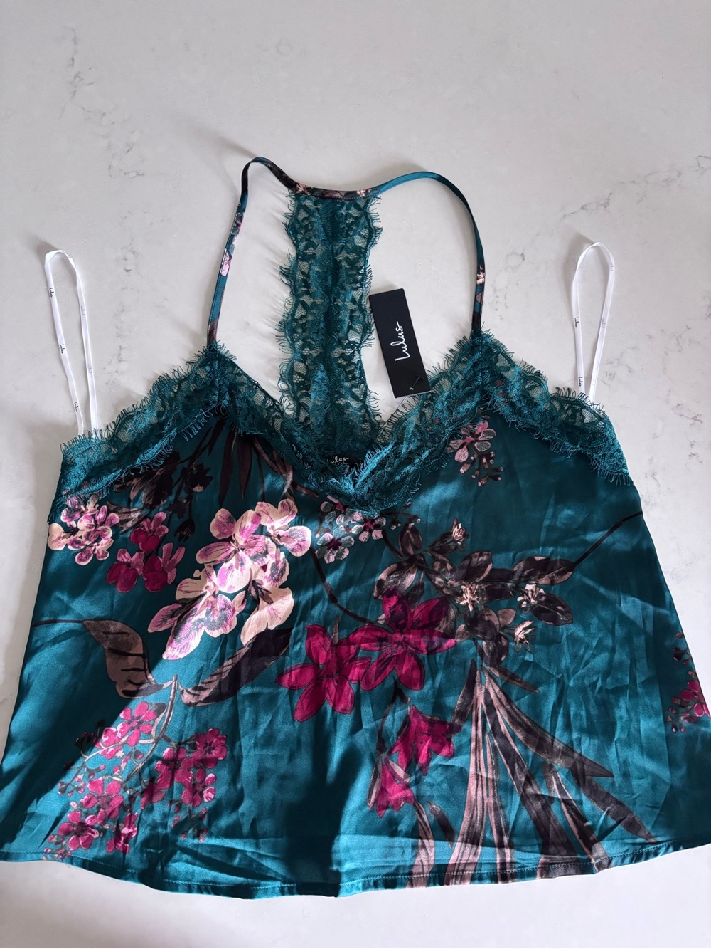 Lulu's Teal Satin Floral Lace-Trim Cami